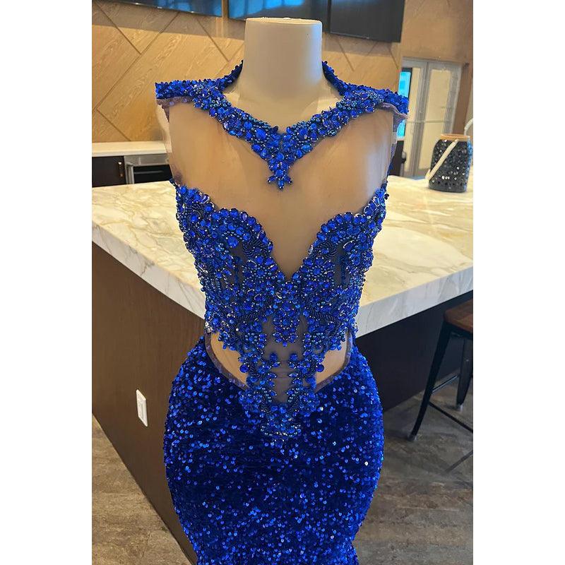 Robe de soirée sirène bleu roi à paillettes, col en V, glamour et spectaculaire