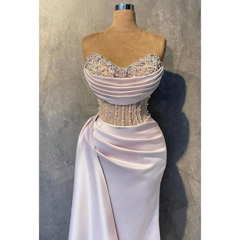 Elegant & Luxurious V-Neck Sleeveless Ruched Floral Embroidered Slit Prom Dress With Rhinest