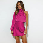 Autumn Winter Women Clothing Evening Dress: High Grade Satin One Shoulder Elegant Dress