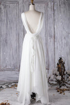 Vestido de novia asequible, corte en A, asimétrico, de encaje y gasa con espalda descubierta