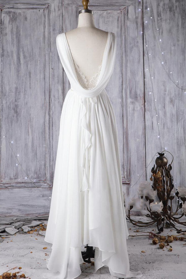 Vestido de novia asequible, corte en A, asimétrico, de encaje y gasa con espalda descubierta
