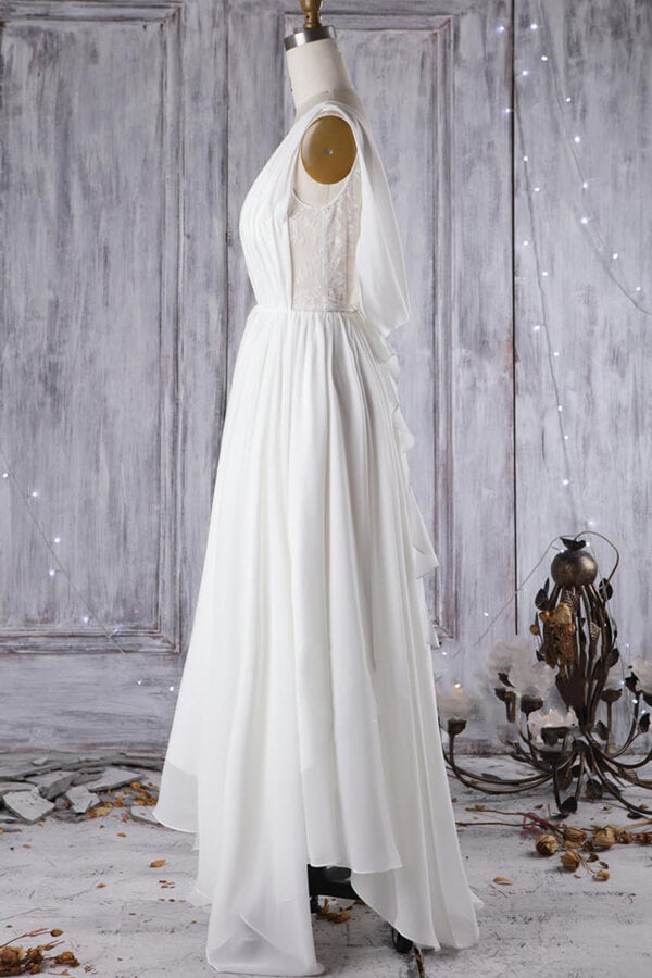 Vestido de novia asequible, corte en A, asimétrico, de encaje y gasa con espalda descubierta