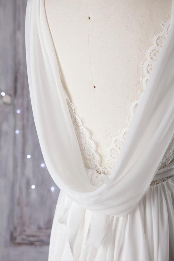 Vestido de novia asequible, corte en A, asimétrico, de encaje y gasa con espalda descubierta