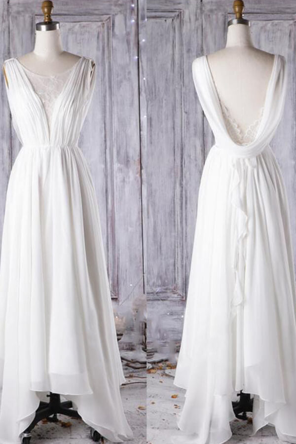 Vestido de novia asequible, corte en A, asimétrico, de encaje y gasa con espalda descubierta