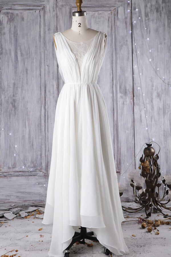 Vestido de novia asequible, corte en A, asimétrico, de encaje y gasa con espalda descubierta