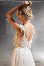 Vestido de novia largo de corte A, escote corazón, tul, encaje y espalda descubierta, asequible