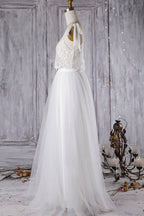Vestido de novia largo de corte A, escote corazón, tul, encaje y espalda descubierta, asequible