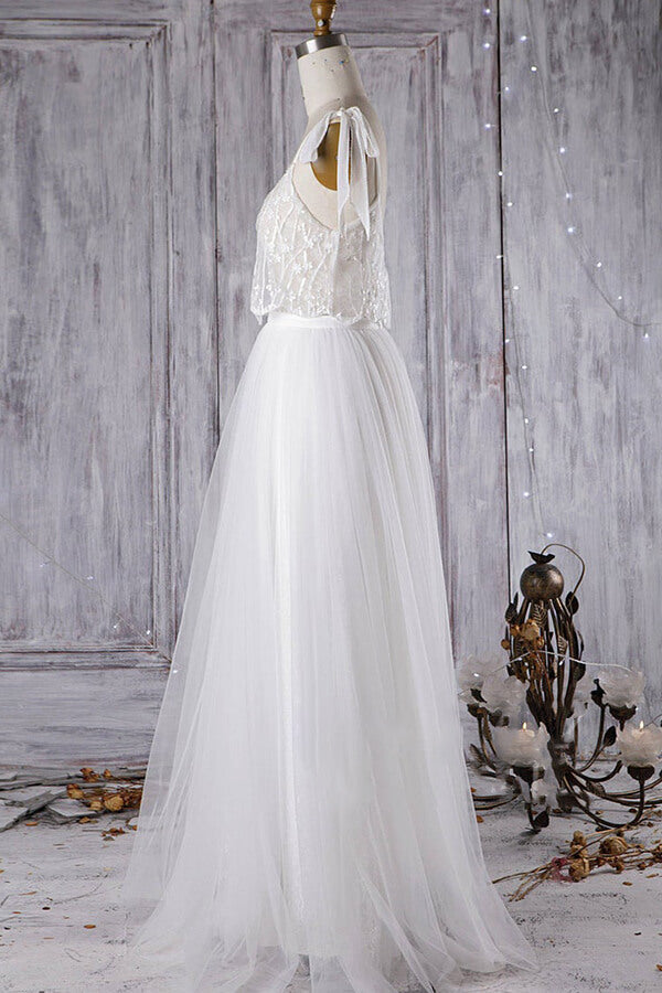 Vestido de novia largo de corte A, escote corazón, tul, encaje y espalda descubierta, asequible