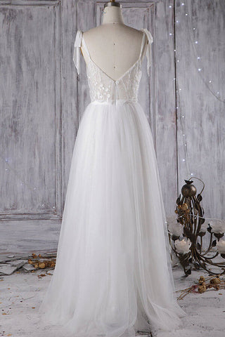 Vestido de novia largo de corte A, escote corazón, tul, encaje y espalda descubierta, asequible