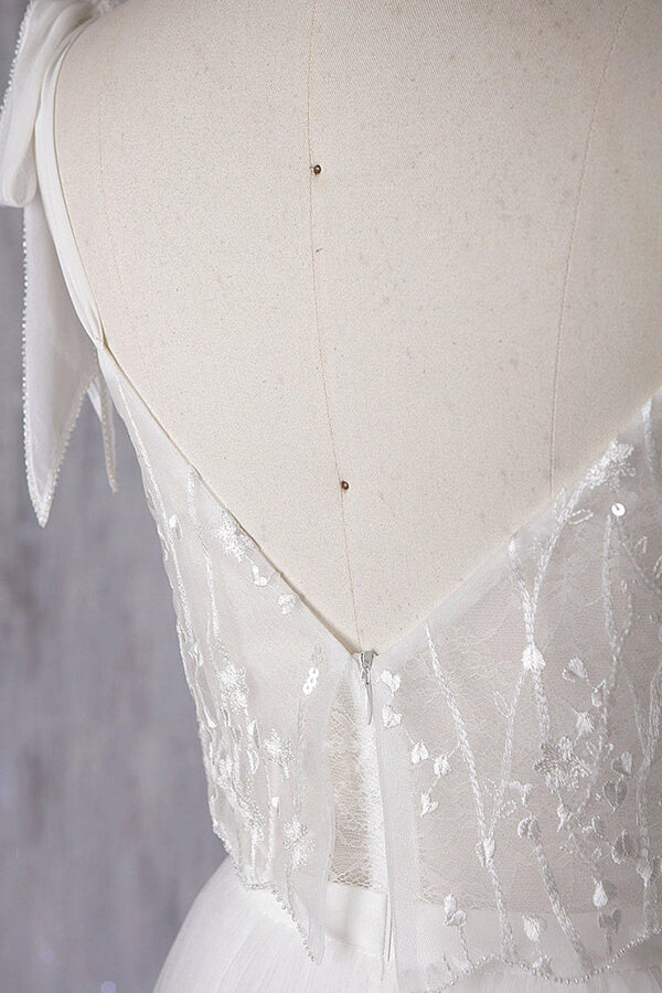 Vestido de novia largo de corte A, escote corazón, tul, encaje y espalda descubierta, asequible