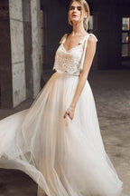 Vestido de novia largo de corte A, escote corazón, tul, encaje y espalda descubierta, asequible