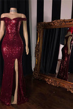 Vestido de fiesta largo de sirena, asequible, con lentejuelas, hombros descubiertos y abertura.