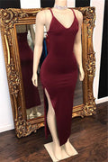 Vestido de fiesta largo de sirena, sin mangas, con escote en V y abertura, a un precio accesible.