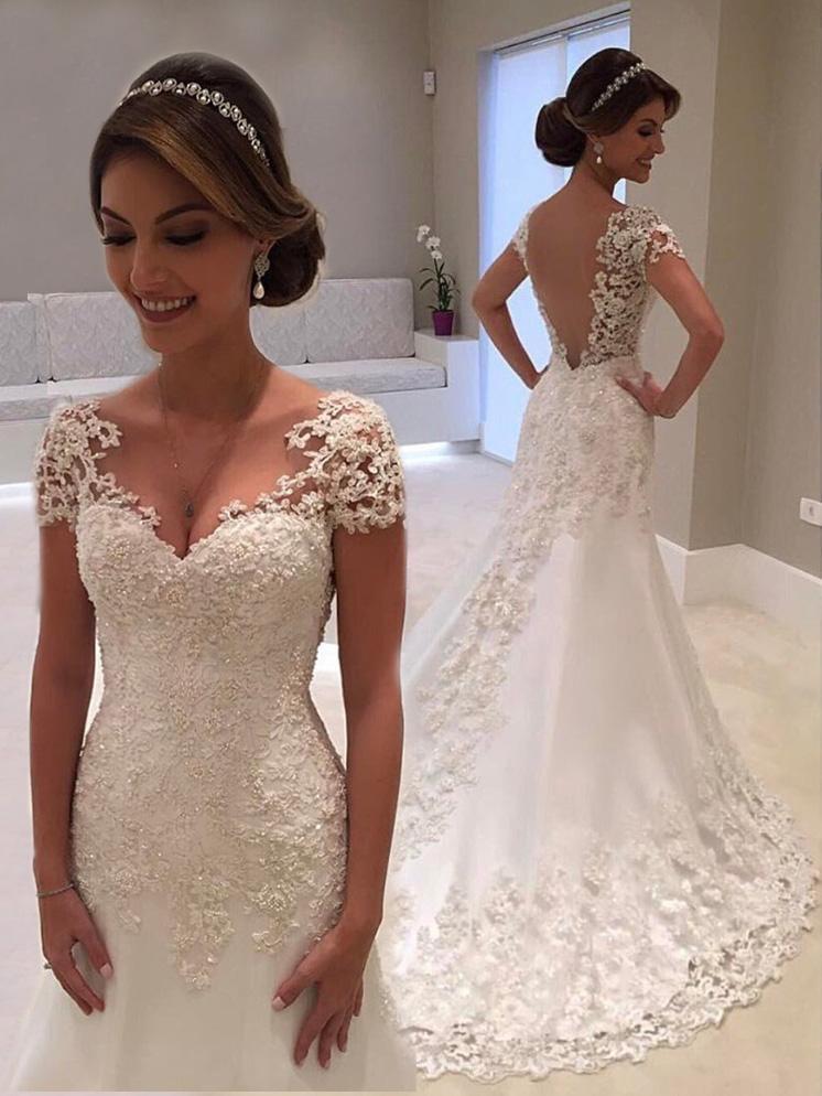 Vestidos de novia largos de sirena asequibles, con escote en V, espalda descubierta de encaje y mangas cortas