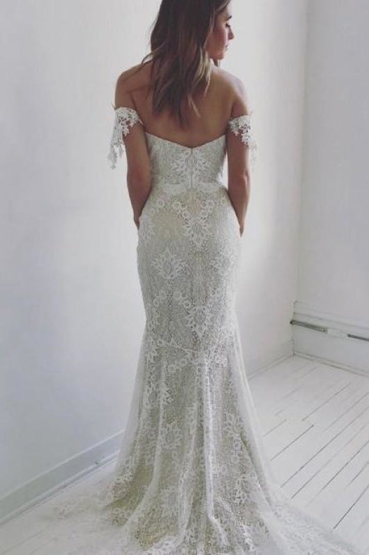 Vestidos de novia largos y elegantes de sirena con hombros descubiertos a precios asequibles 
