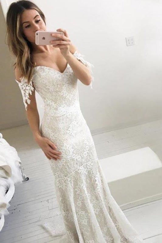 Vestidos de novia largos y elegantes de sirena con hombros descubiertos a precios asequibles 