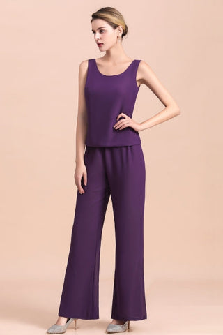 Affordable Straps Beading Grape Chiffon Mother of Bride Jumpsuit Online with Wrap