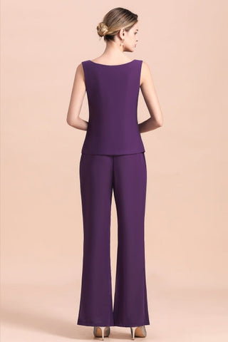 Affordable Straps Beading Grape Chiffon Mother of Bride Jumpsuit Online with Wrap