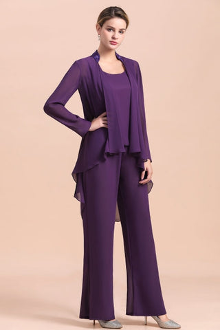 Affordable Straps Beading Grape Chiffon Mother of Bride Jumpsuit Online with Wrap
