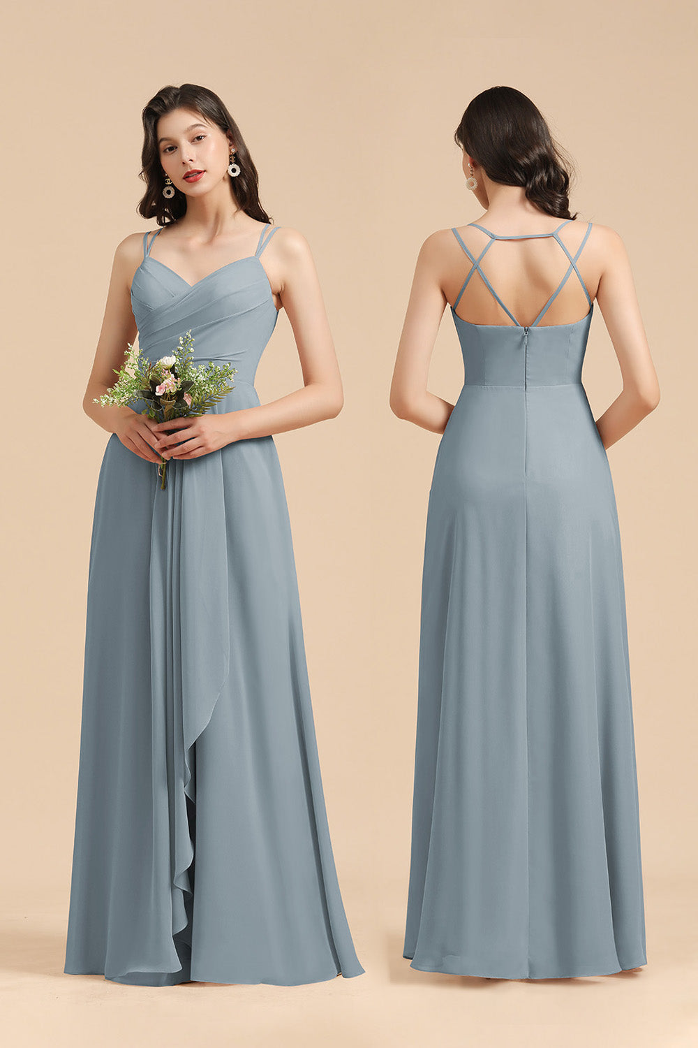 Vestidos de dama de honor de gasa azul grisáceo con volantes y escote en V a precios asequibles 
