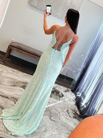Ailsa | Robe de bal longue sirène vert menthe à fines bretelles et sequins avec fente