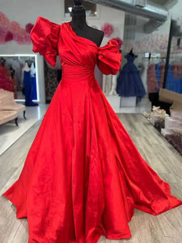 Alan | Vestido largo de fiesta fucsia de corte A con un solo hombro y mangas abullonadas