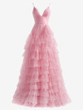 Vestido de fiesta de tul rosa claro, corte en A, con tirantes finos escalonados