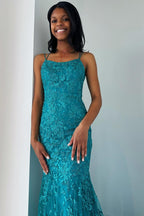 Elma | Vestido largo de fiesta corte sirena con apliques turquesa y cordones