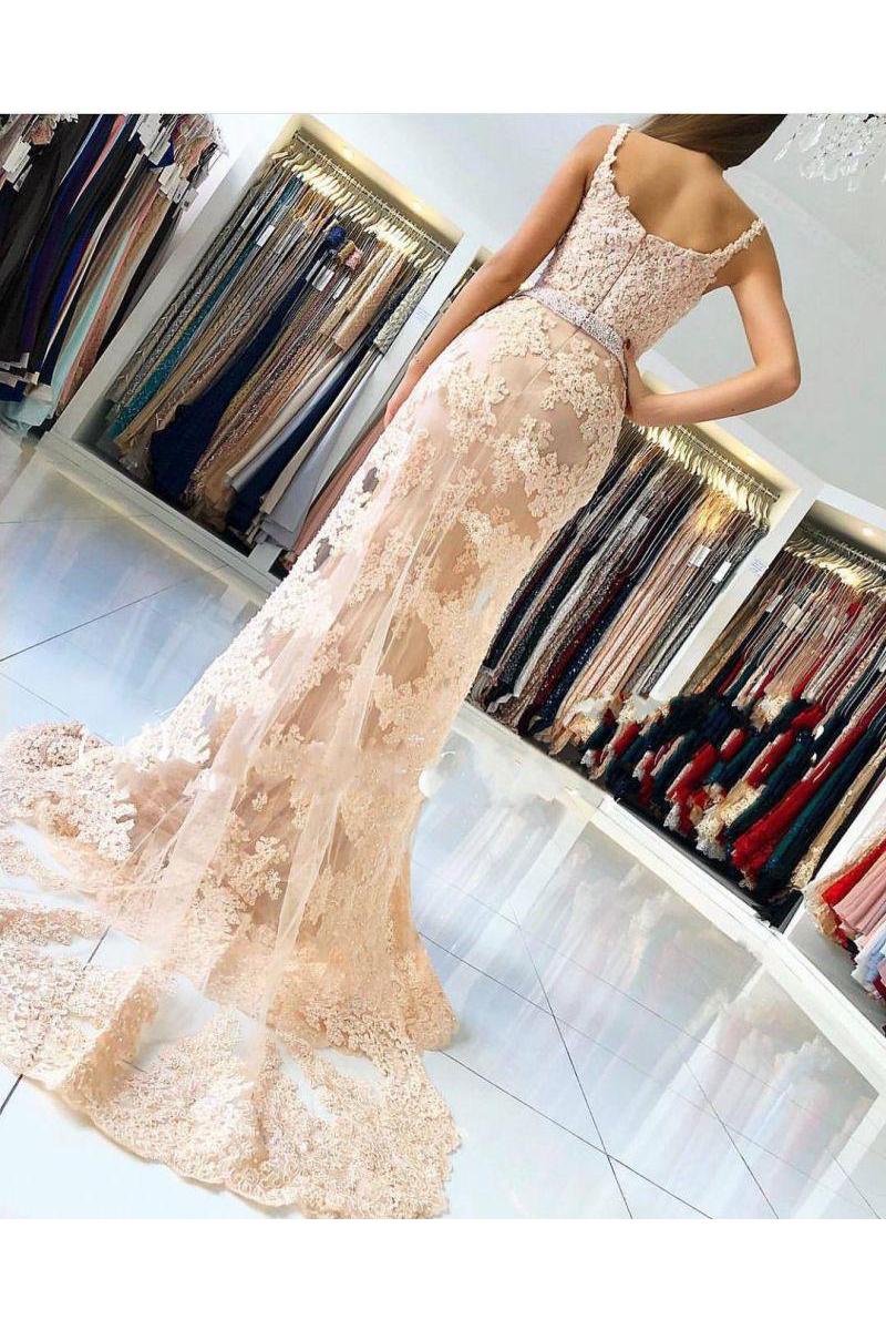 Vestidos de fiesta de sirena elegantes y seductores con tirantes finos de encaje, vestidos de noche sin mangas con sobrefalda