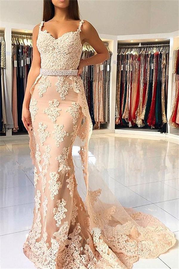 Vestidos de fiesta de sirena elegantes y seductores con tirantes finos de encaje, vestidos de noche sin mangas con sobrefalda
