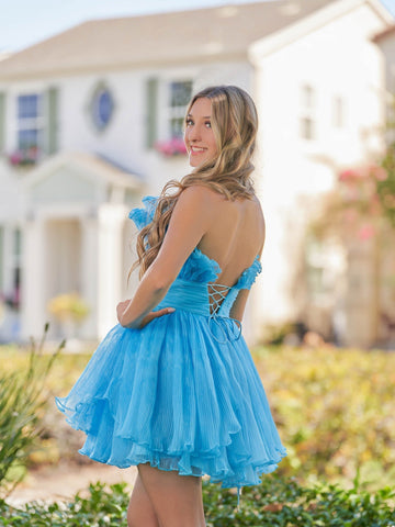 Blue A-Line Strapless Pleated Short Tiered Homecoming Dress