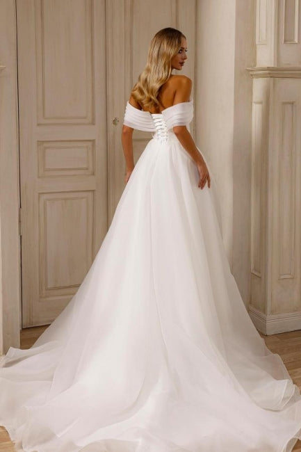 Magnifique robe de mariée blanche en mousseline de tulle, coupe trapèze, épaules dénudées, sans manches, avec fente sur le devant