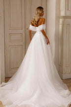 Magnifique robe de mariée blanche en mousseline de tulle, coupe trapèze, épaules dénudées, sans manches, avec fente sur le devant