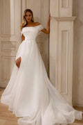 Magnifique robe de mariée blanche en mousseline de tulle, coupe trapèze, épaules dénudées, sans manches, avec fente sur le devant