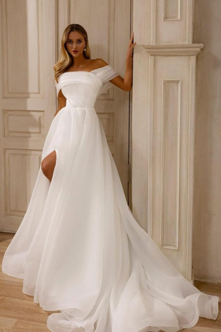 Magnifique robe de mariée blanche en mousseline de tulle, coupe trapèze, épaules dénudées, sans manches, avec fente sur le devant