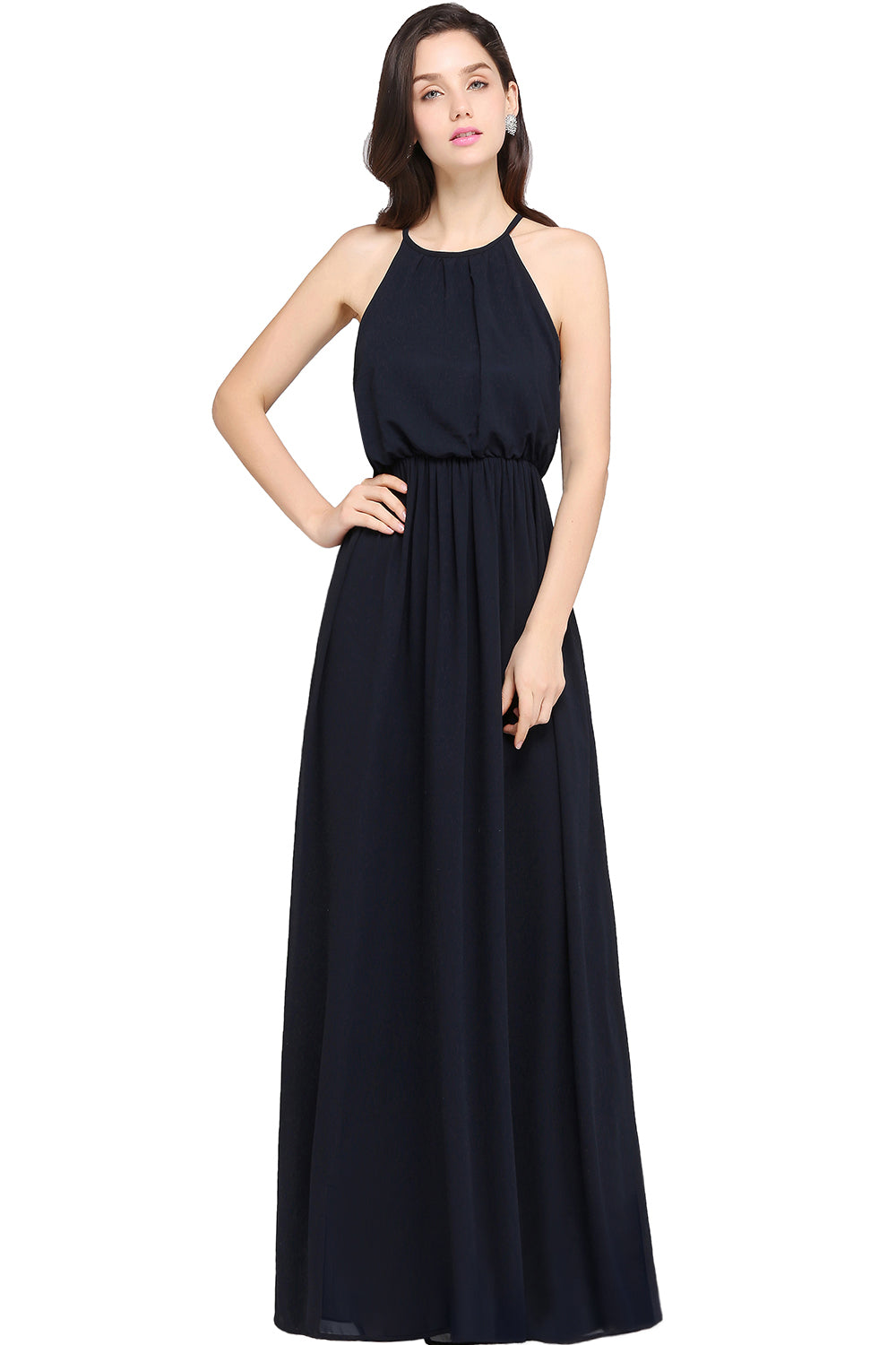Magnifique robe de demoiselle d'honneur trapèze sans manches en mousseline, coupe arrondie.