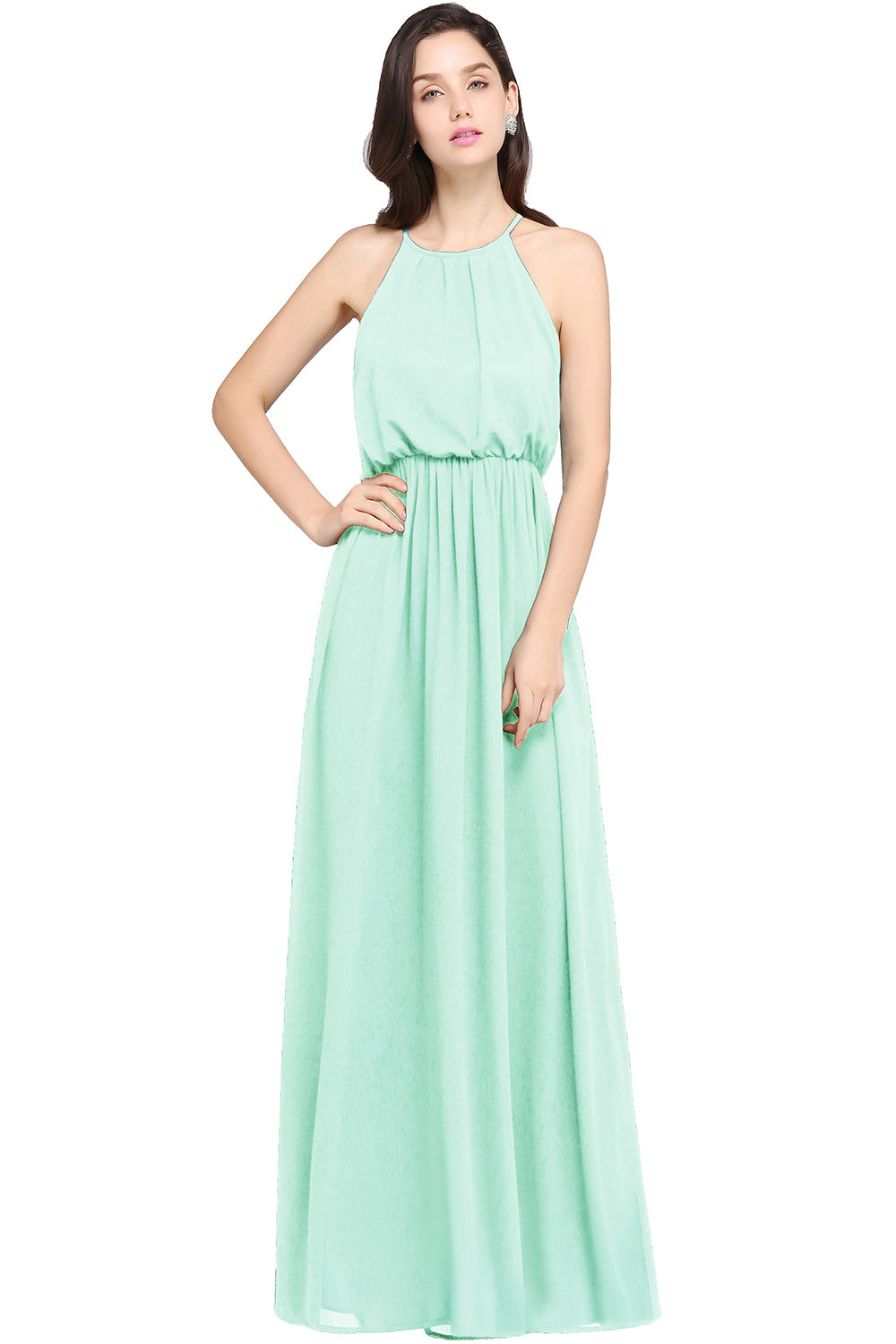 Magnifique robe de demoiselle d'honneur trapèze sans manches en mousseline, coupe arrondie.