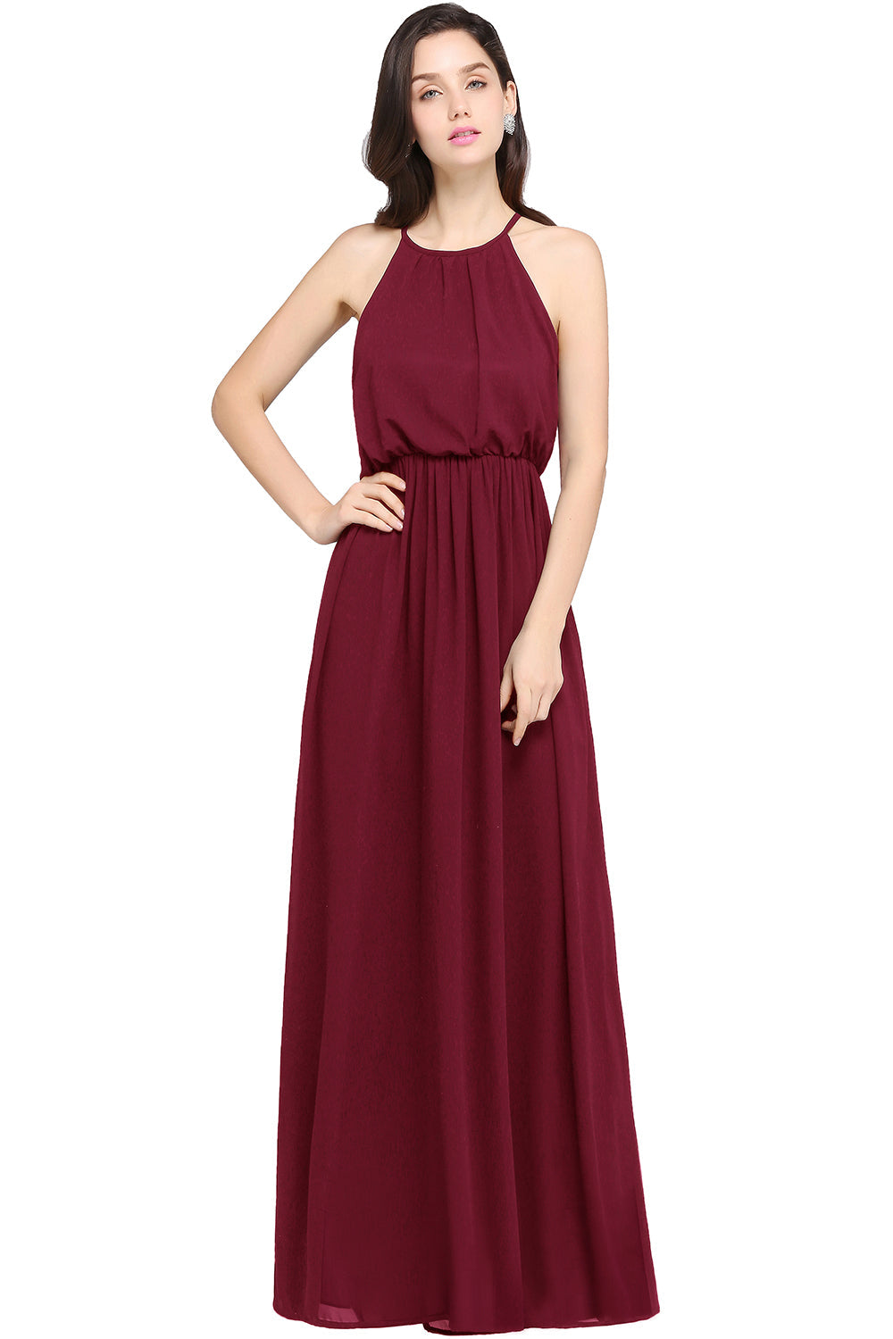 Magnifique robe de demoiselle d'honneur trapèze sans manches en mousseline, coupe arrondie.