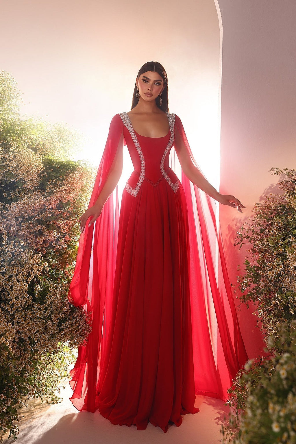 Impresionante vestido rojo de fiesta de corte A, corte bob, tul, escote redondo, sin mangas y con volantes
