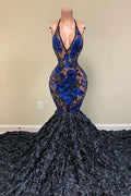 Impresionantes vestidos de fiesta de sirena con apliques negros, escote en V, sin mangas y largo hasta el suelo, estilo halter, sin mangas y con cuello en V.