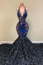 Impresionantes vestidos de fiesta de sirena con apliques negros, escote en V, sin mangas y largo hasta el suelo, estilo halter, sin mangas y con cuello en V.