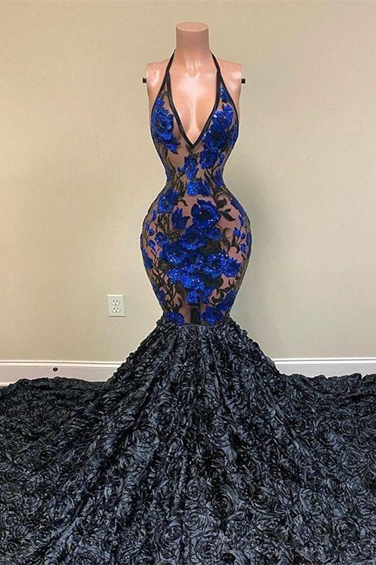 Impresionantes vestidos de fiesta de sirena con apliques negros, escote en V, sin mangas y largo hasta el suelo, estilo halter, sin mangas y con cuello en V.