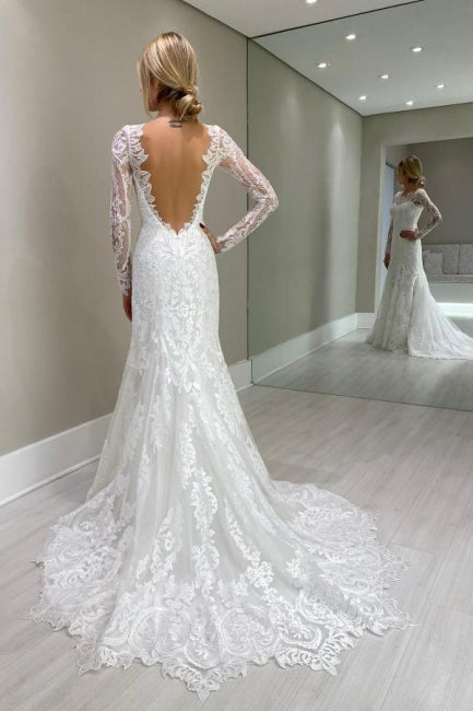 Magnifiques robes de mariée blanches à manches longues en dentelle colonne ornées d'appliqués