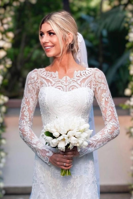 Magnifiques robes de mariée blanches à manches longues en dentelle colonne ornées d'appliqués