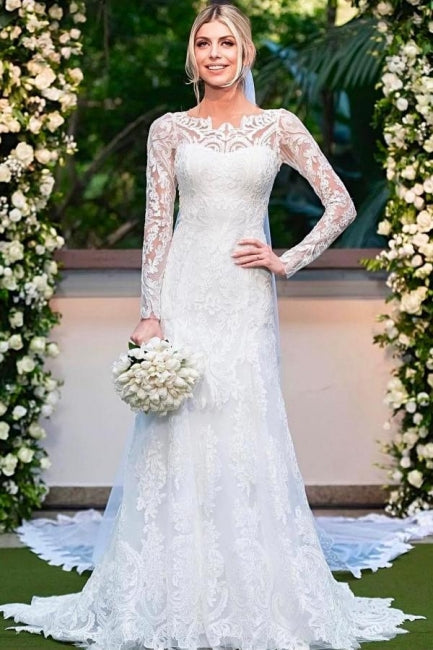 Magnifiques robes de mariée blanches à manches longues en dentelle colonne ornées d'appliqués