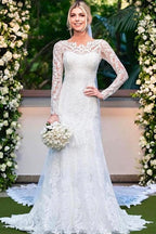 Magnifiques robes de mariée blanches à manches longues en dentelle colonne ornées d'appliqués