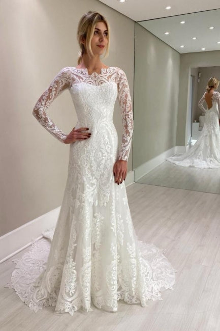 Magnifiques robes de mariée blanches à manches longues en dentelle colonne ornées d'appliqués