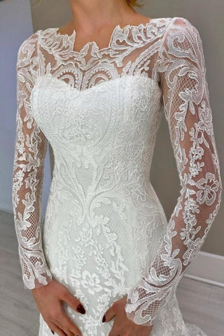 Magnifiques robes de mariée blanches à manches longues en dentelle colonne ornées d'appliqués