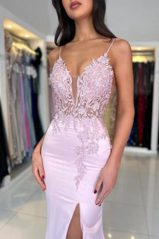 Superbe robe de bal en satin à col en V et dentelle, sans manches, avec fente sur le devant