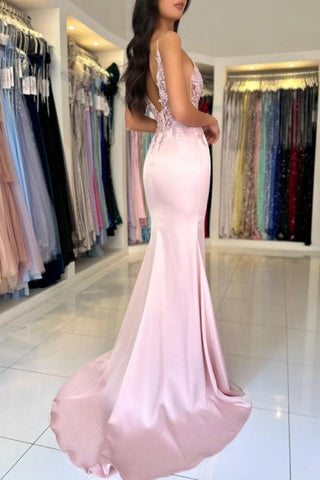 Superbe robe de bal en satin à col en V et dentelle, sans manches, avec fente sur le devant